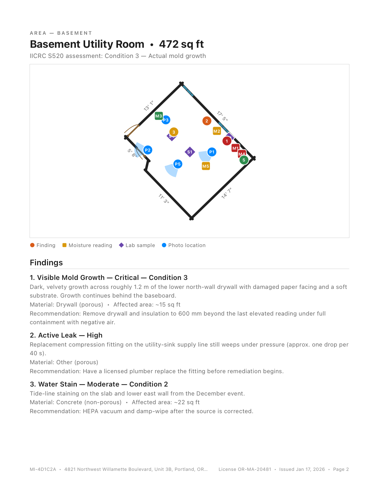 Area page showing a measured floor plan with numbered finding, moisture, sample, and photo pins, a legend, and the first three findings