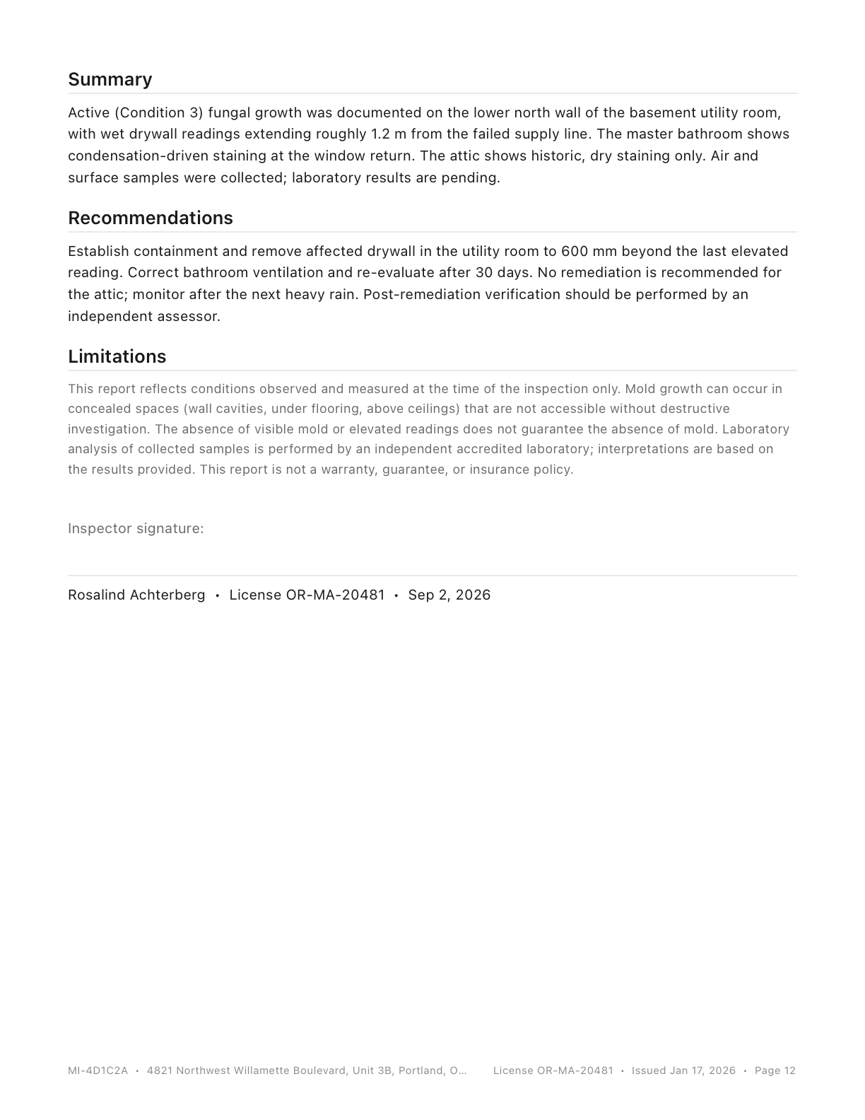 Closing page with summary, recommendations, limitations, and an inspector signature line