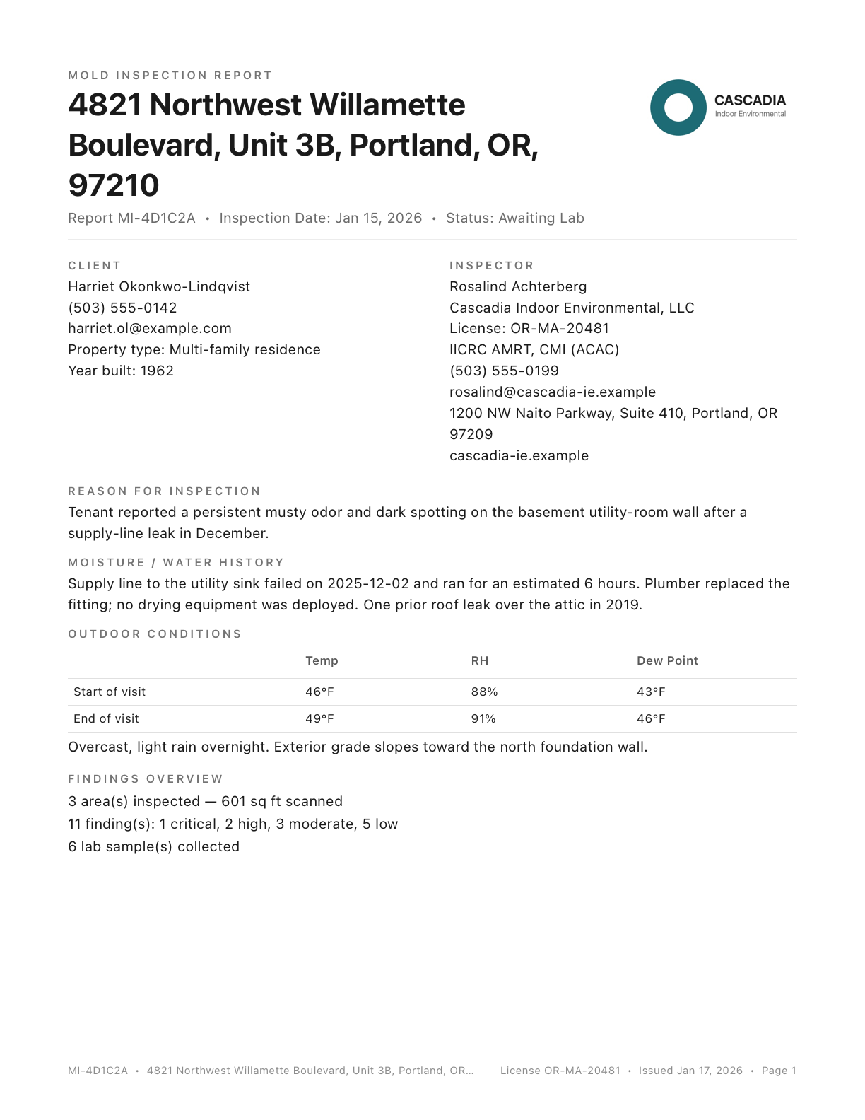 Report cover page with property address, client and inspector blocks, reason for inspection, moisture history, outdoor conditions table, and findings overview