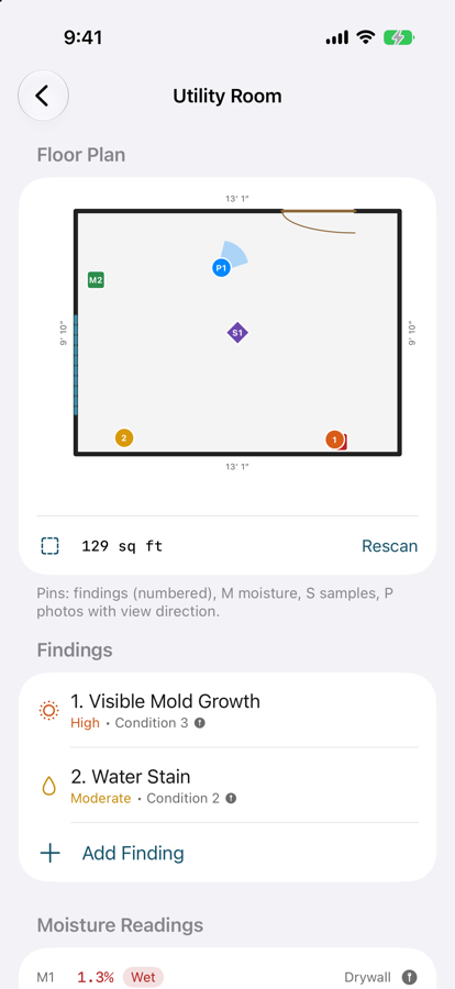 Area screen with a measured floor plan and pinned findings, readings, samples, and photos